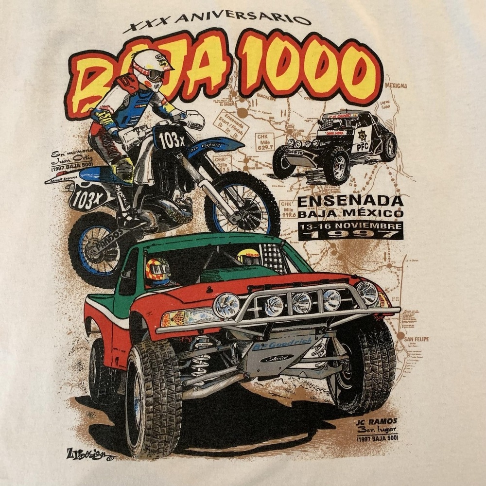 Vintage 1997 Baja 1000 Shirt Mens XL White Racing Ensenada Mexico Graphic Tee